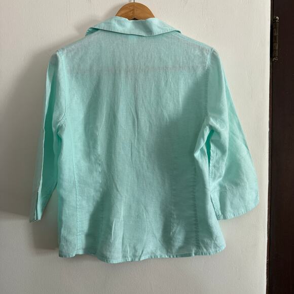 DAVID N | 100% Linen Sea Foam Green Button down 3/4 Sleeve Shirt | Medium - Picture 3 of 8